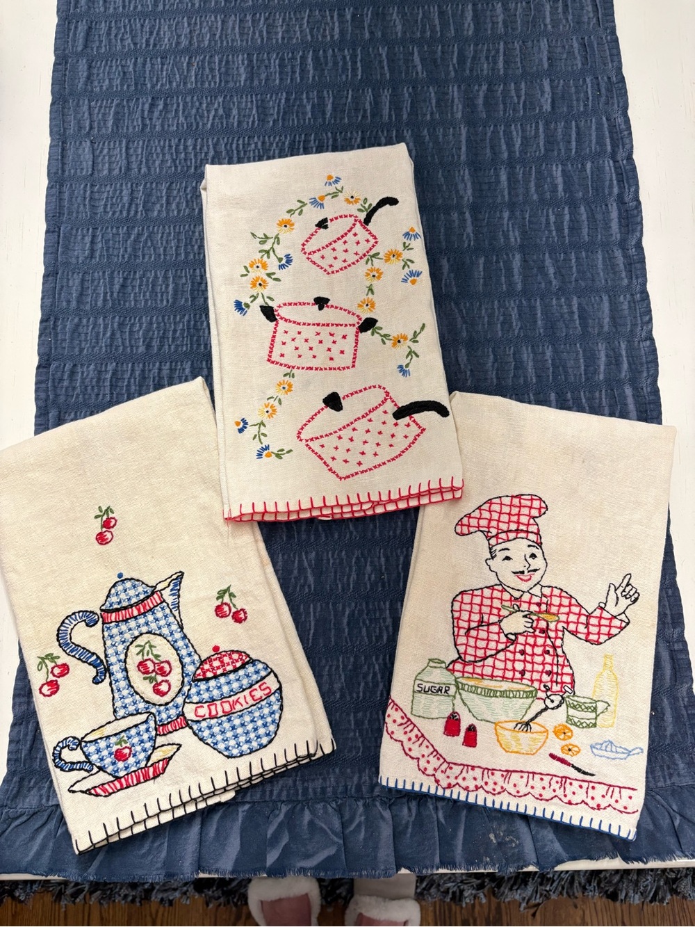 3 vintage hand Embroidered Cotton Kitchen Towels- Blue, red, green cream towels